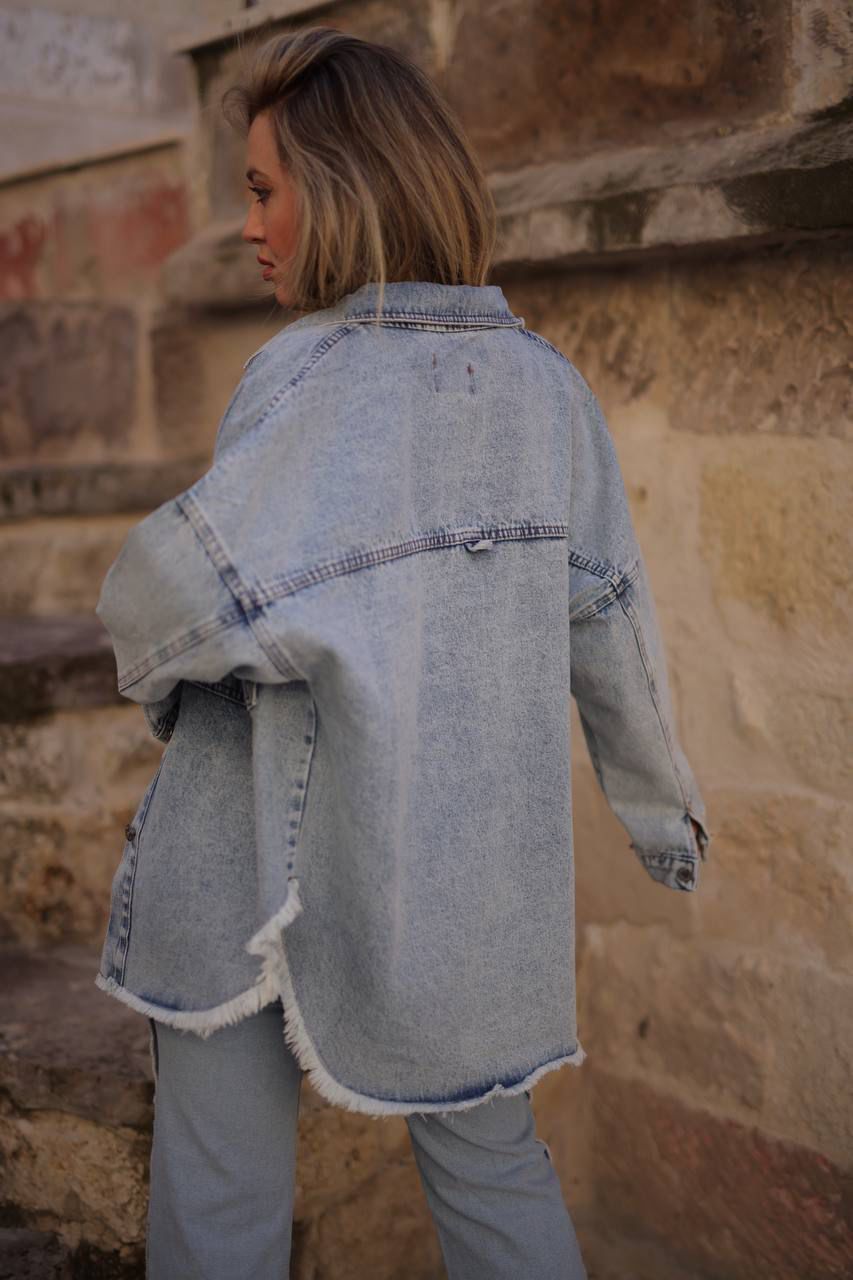 Eteği Püsküllü Denim Ceket – Mavi
