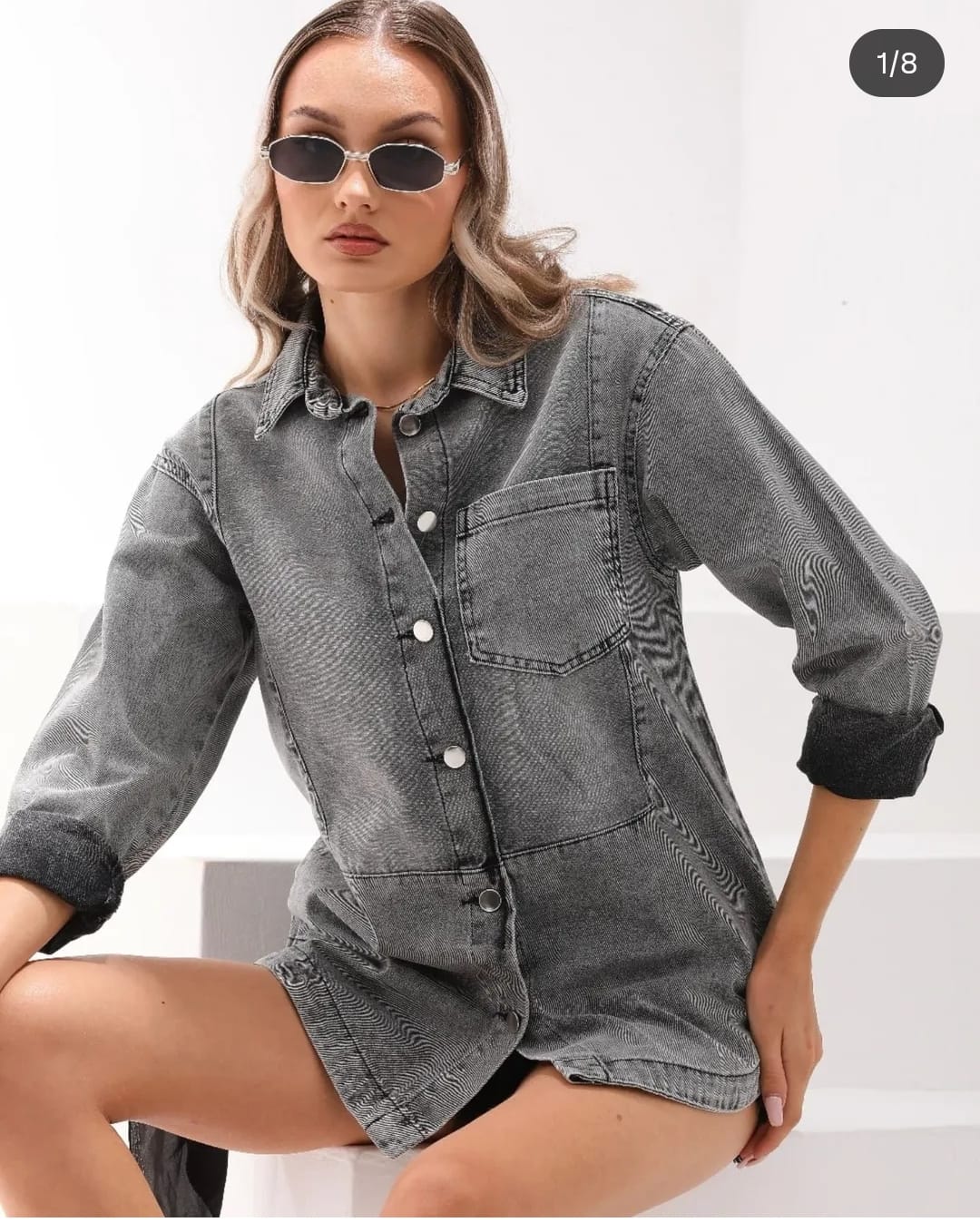 Slim Kalıp İnce Kot Gömlek – Gri & Açık Mavi