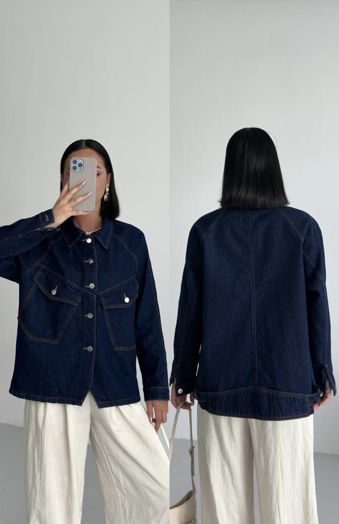 Cepli Detaylı Denim Ceket – Lacivert & Mavi