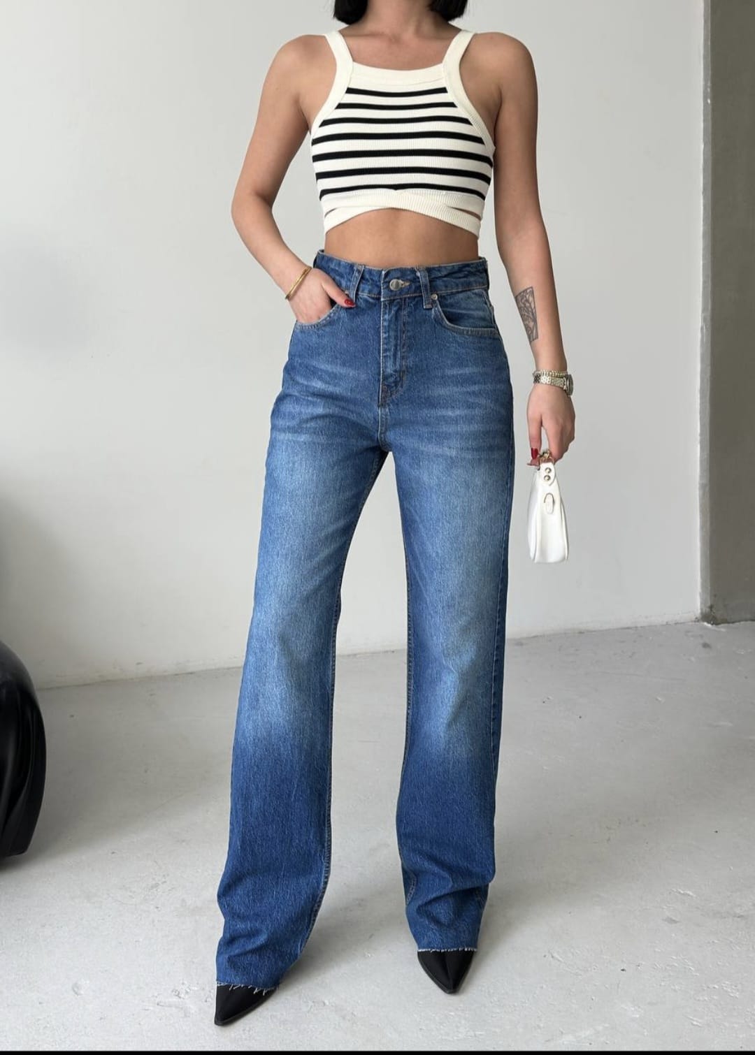 Likralı Palazzo Kot Pantolon – Lacivert & Yıkamalı Mavi