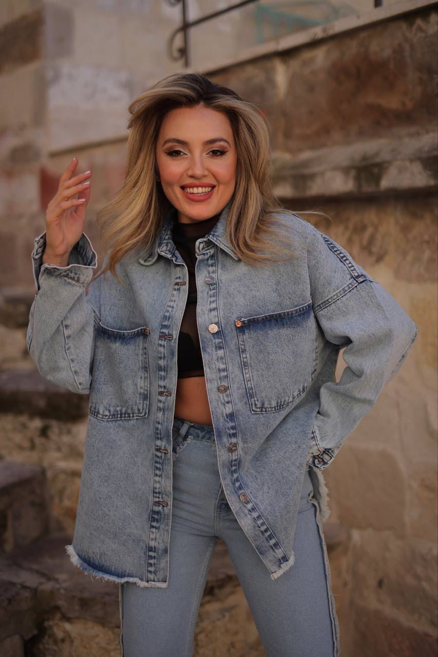 Eteği Püsküllü Denim Ceket – Mavi